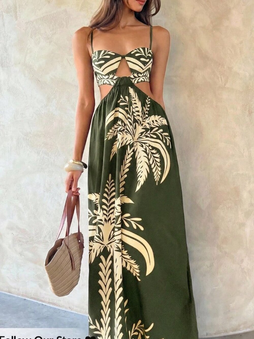 Army Green Boho Women's Spaghetti Strap Hollow-Out Floral Print Dress